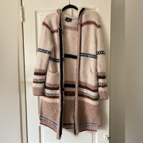 BOHO Hooded Long Open Cardigan Jacket Medium Knit Cozy Soft hippie Y2K - Picture 1 of 6